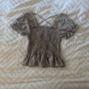 Paper Moon Floral Smocked Peplum Top Puff Sleeve Boho Cottagecore Brown Blue S